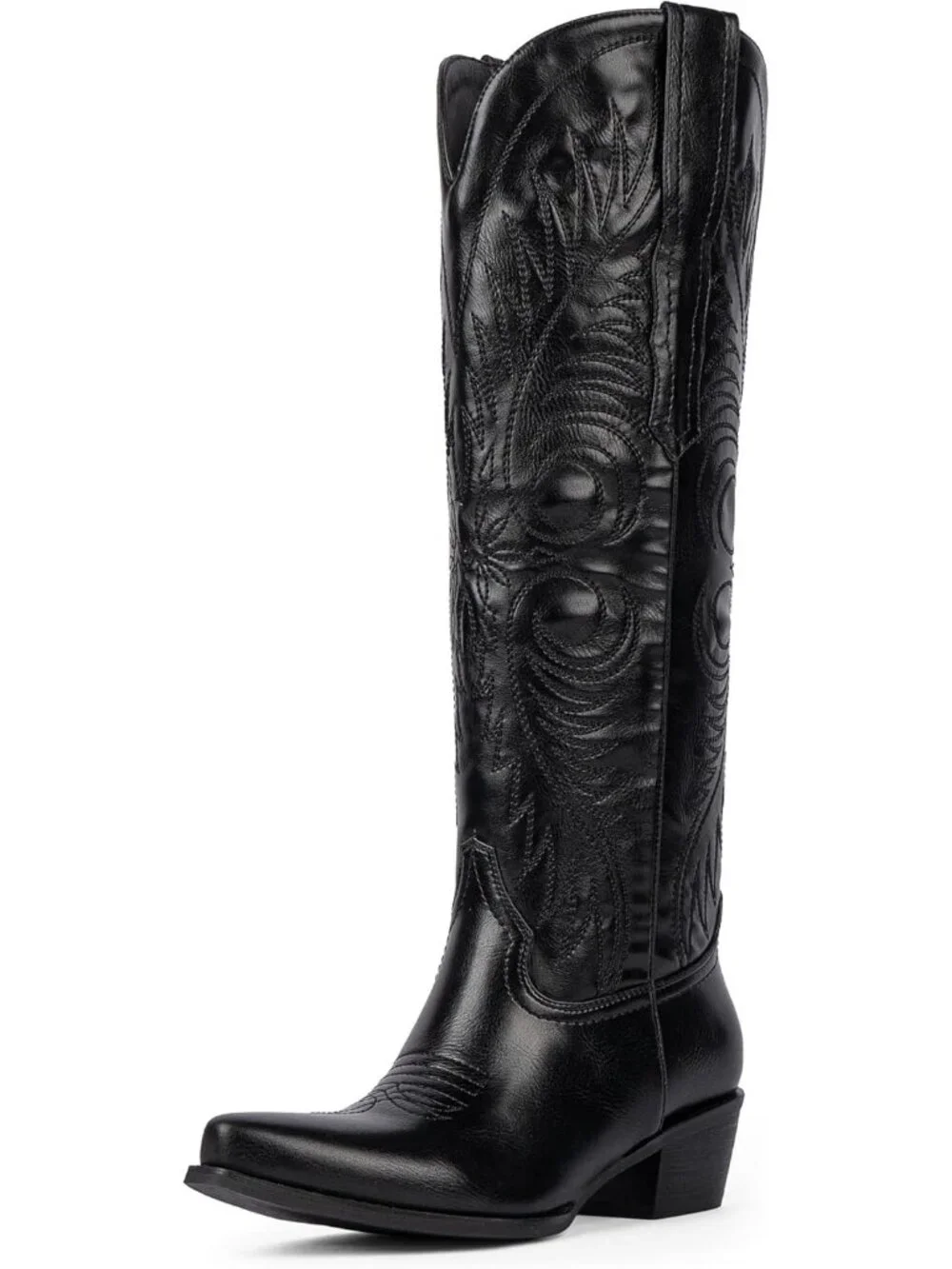 Women's Black Embroidered Western Pointed Toe Side Zipper Knee High Cowgirl Boot